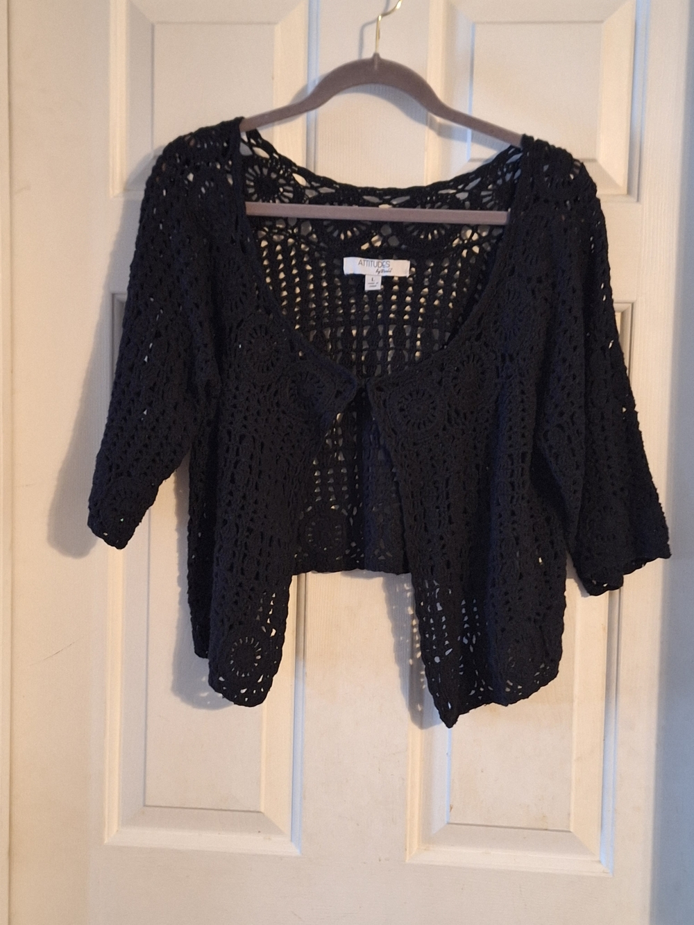 Attitudes by Renee Black Crochet Cardigan/shrug L